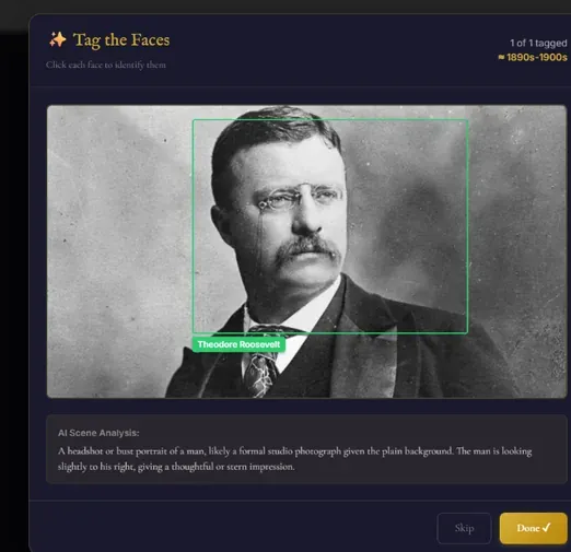 Theirloom Face Tagger — AI detecting and tagging Theodore Roosevelt in a century-old photograph